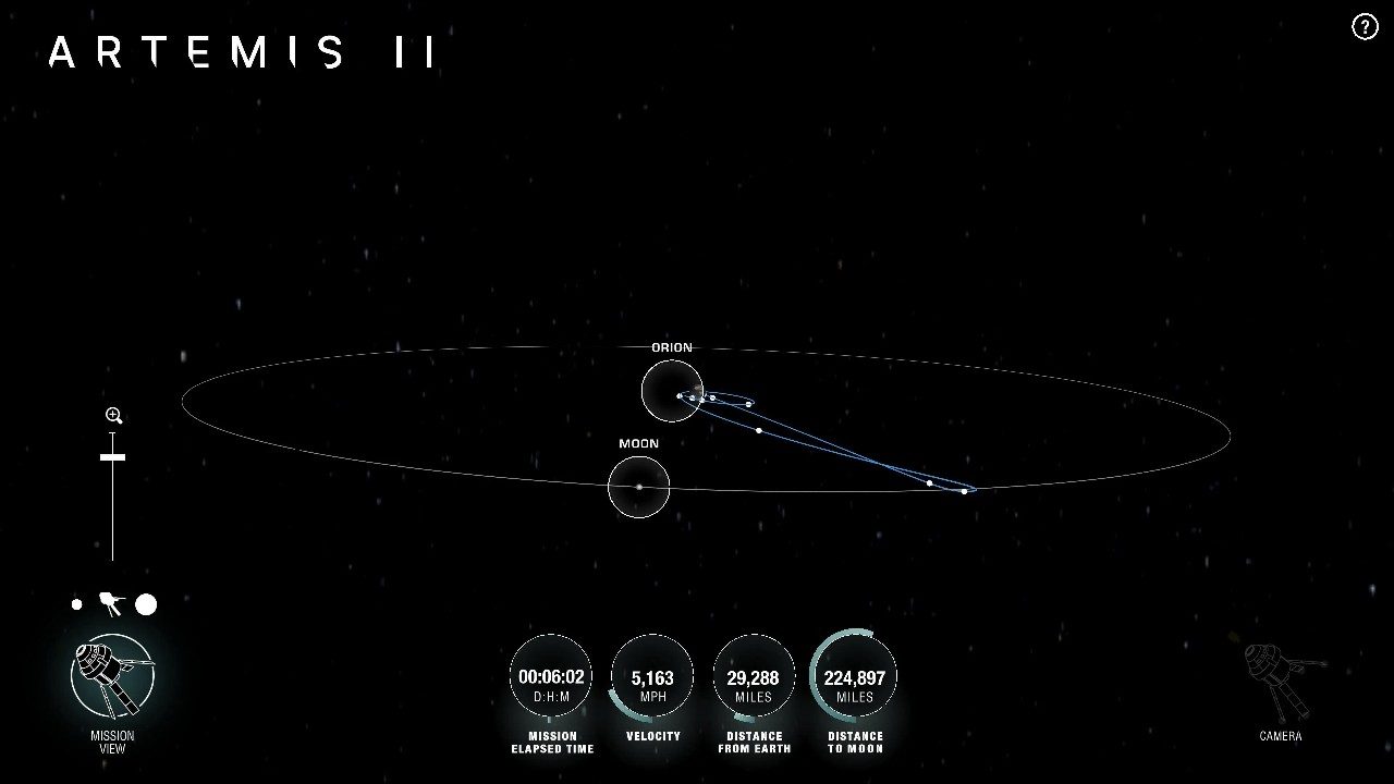 Web view of NASA's AROW service for tracking Orion during Artemis II